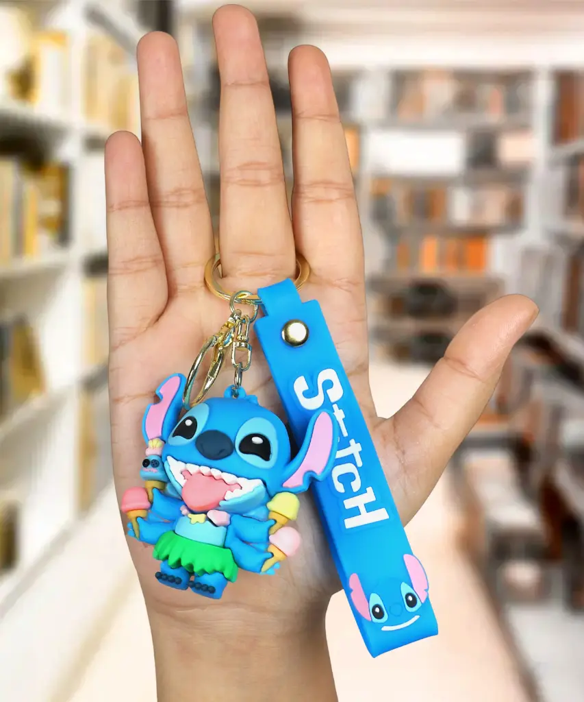 Stitch Ice Cream Keychain in Hula Grass Skirt | Disney Lilo & Stitch Figure on Blue Logo Strap | Fun Summer Accessory