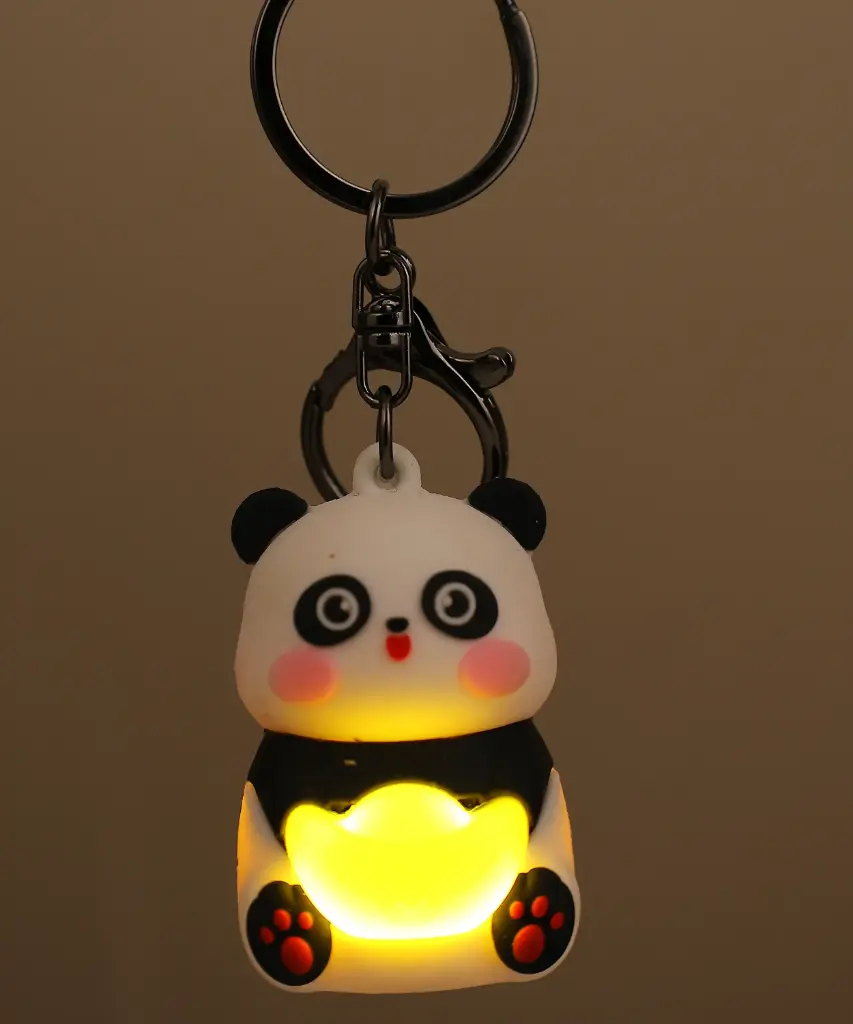 Adorable Light-Up Panda Keychain with Glowing Gold Ingot (Yuanbao) | LED Kawaii Animal Accessory in Blue/Black | Novelty Gift