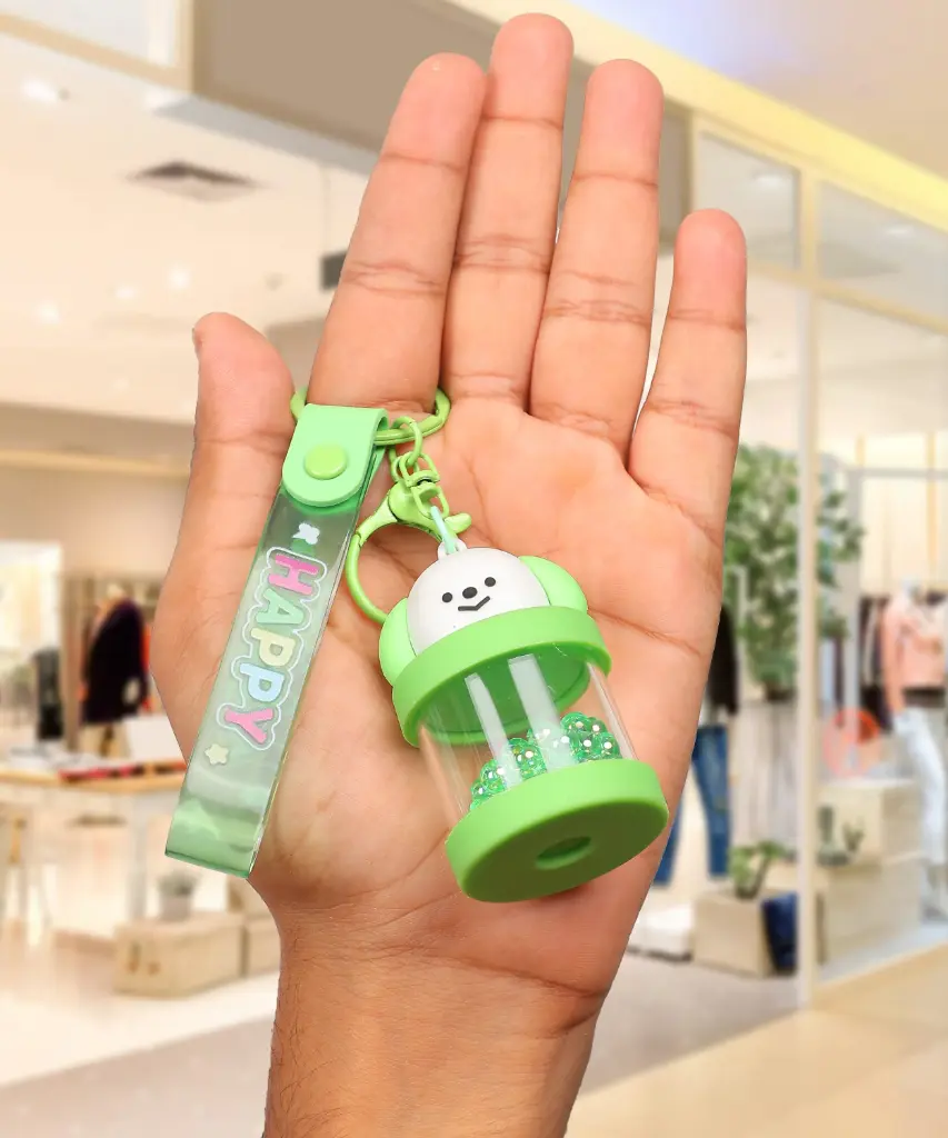 Green Dog Figure Keychain with Shaker Bubble & Beads | "HAPPY" Logo Strap Accessory | Novelty Key Ring