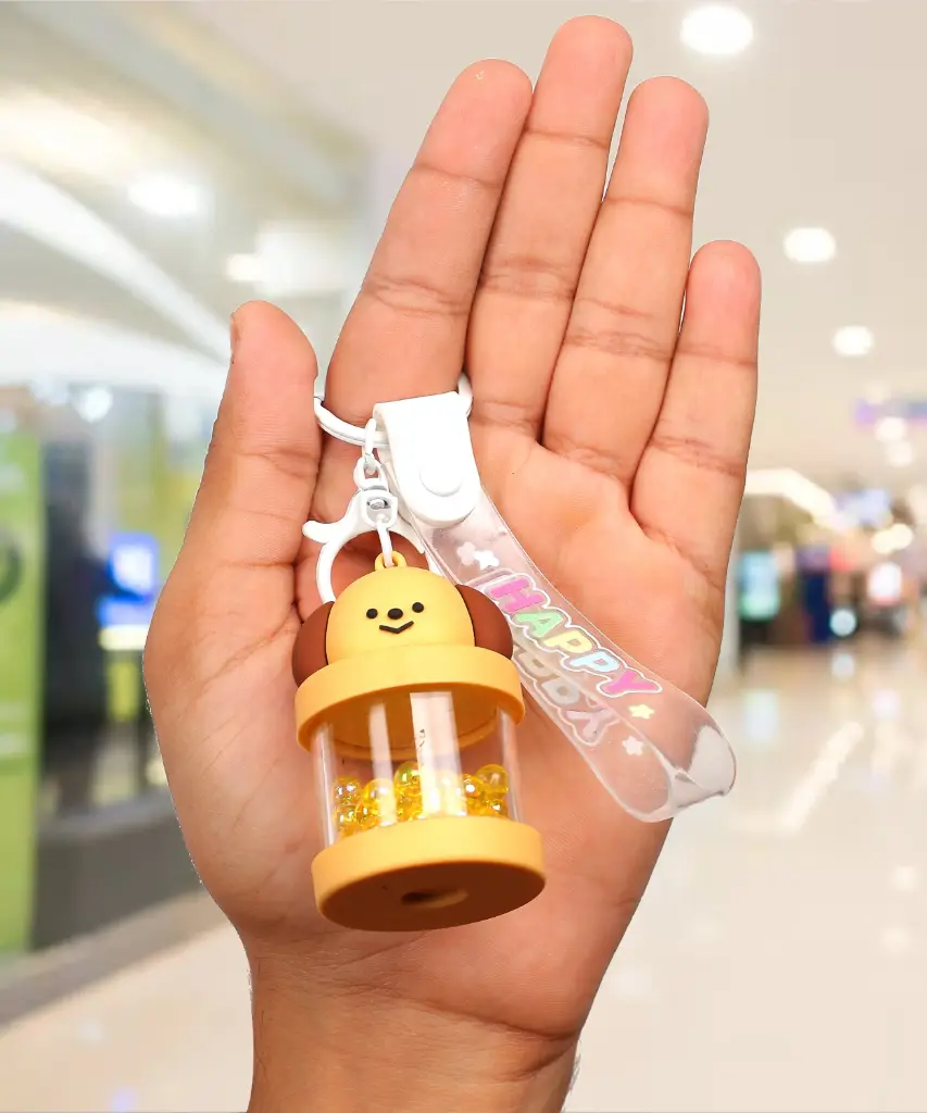 Brown Dog Figure Keychain with Shaker Bubble & Beads | "HAPPY" Logo Strap Accessory | Novelty Key Ring