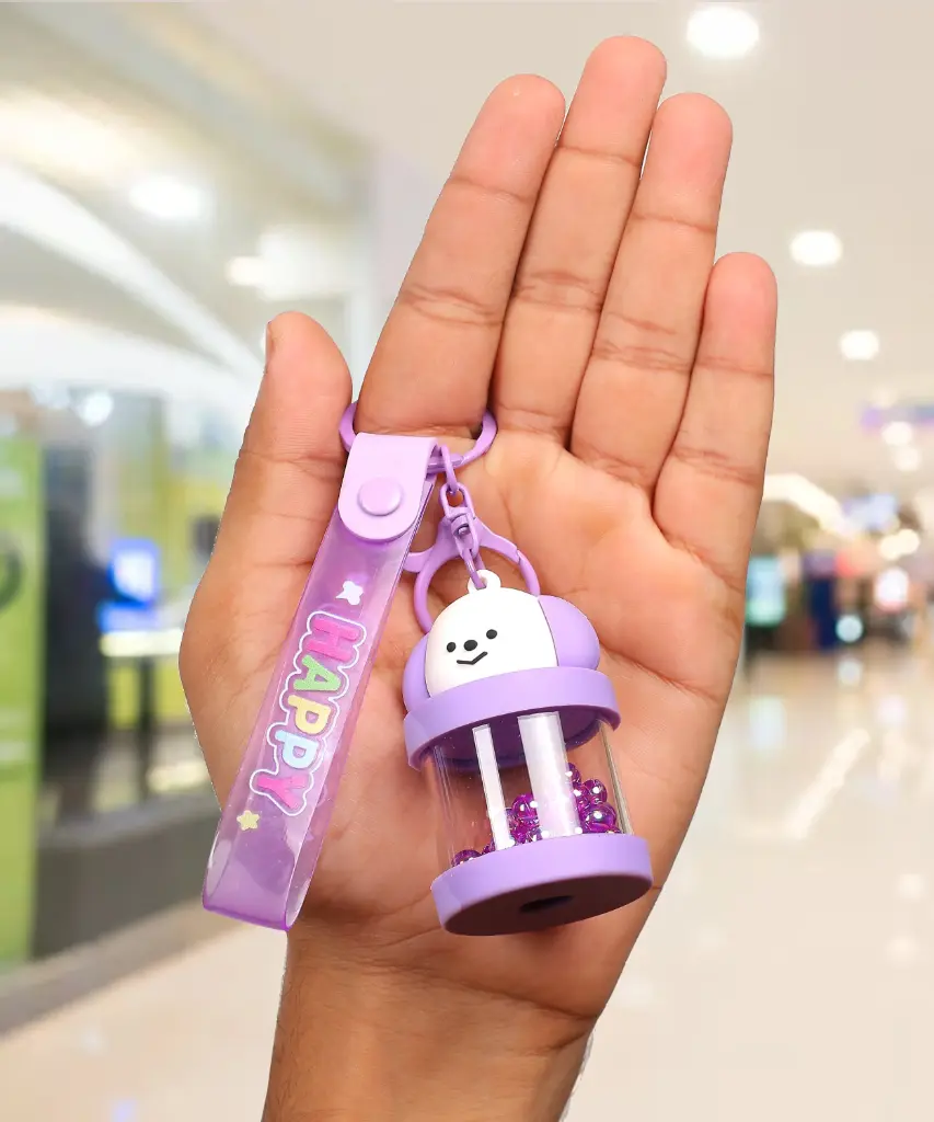 Purple Dog Figure Keychain with Shaker Bubble & Beads | "HAPPY" Logo Strap Accessory | Novelty Key Ring