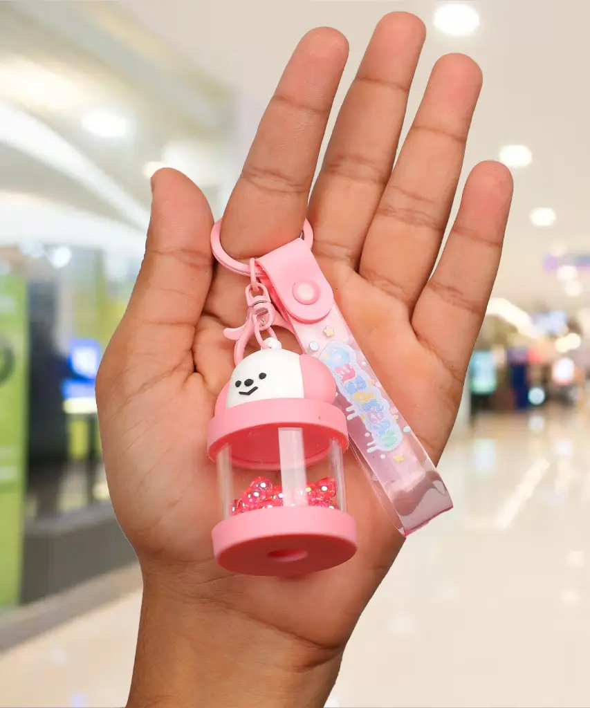 [Red Bunny Light Keychain] Red Dog Figure Keychain with Shaker Bubble & Beads | "HAPPY" Logo Strap Accessory | Novelty Key Ring