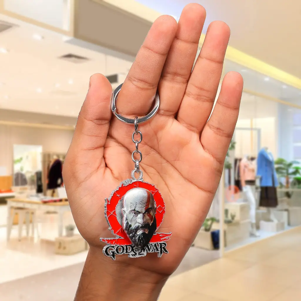 Kratos Head Rotating Metal Keychain - God of War Video Game Metal Accessory | Bearded Warrior Collectible Key Ring