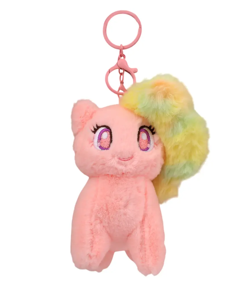 Kawaii Pink Cat Plush Keychain with Rainbow Tail & Mane | Fuzzy Unicorn/Pony Stuffed Animal Keyring