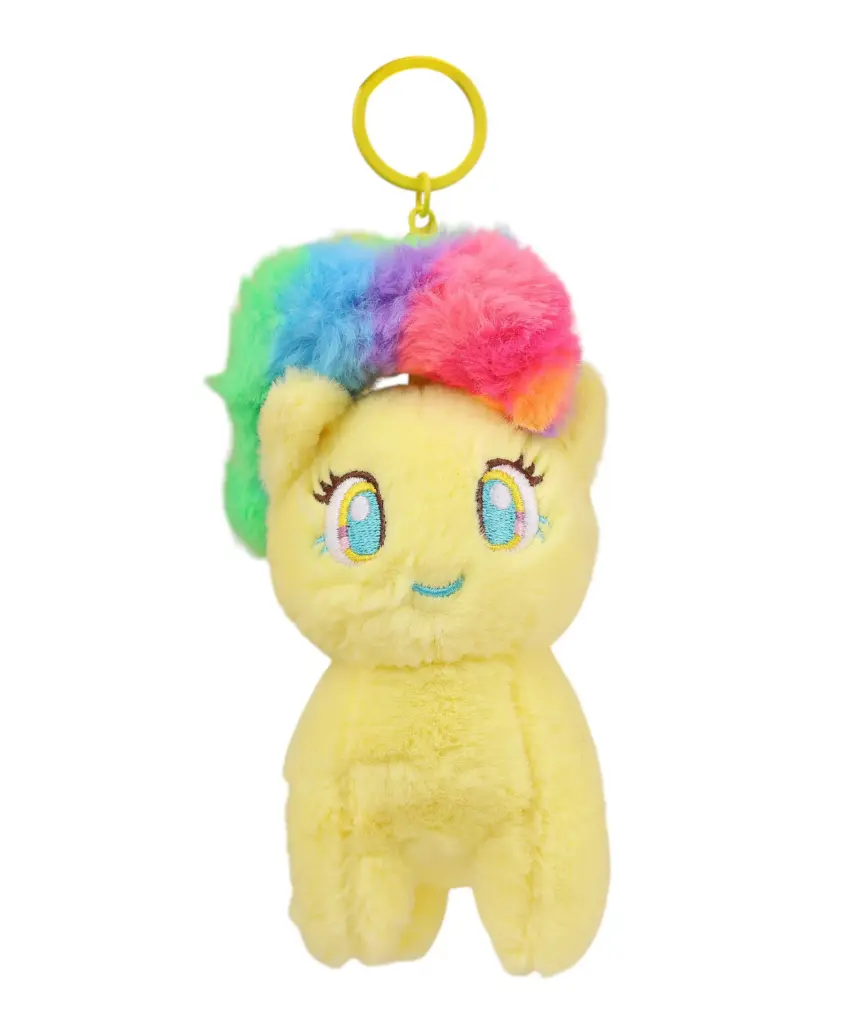 [Yellow Unicorn keychain] Cute Pastel Yellow Kitty Plush Keychain | Clip-On Keyring Charm with Bright Rainbow Fur Accents