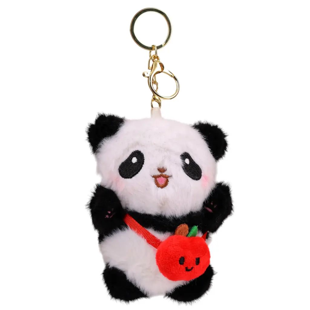 [Panda With Cherry keychain] Kawaii Fluffy Panda Plush Keychain with Red Apple Bag | Cute Stuffed Animal Keyring & Backpack Charm Gift