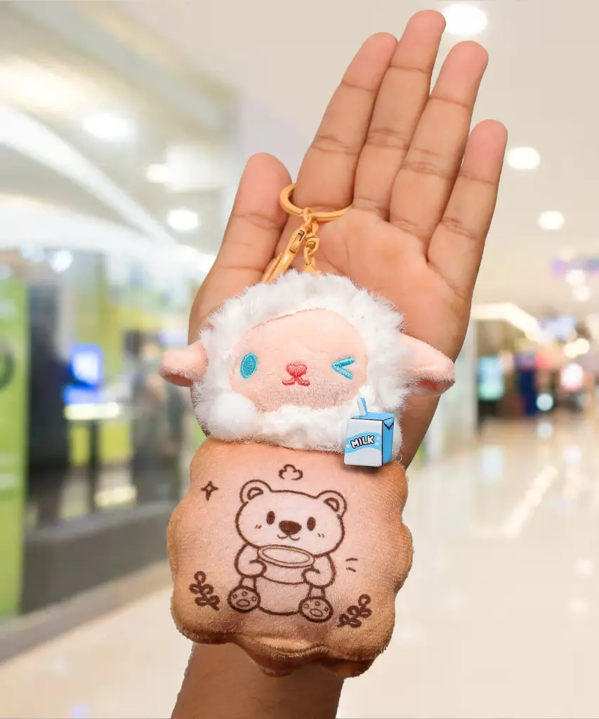 Kawaii Sheep/Lamb Plush Keychain in Bear Cookie Bag | Cute Fuzzy Animal Keyring with Milk Carton Charm