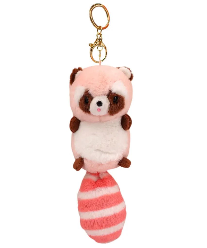 Kawaii Raccoon/Pink Panda Plush Keychain with Striped Tail | Cute Fuzzy Animal Keyring | Clip-On Bag Charm Gift