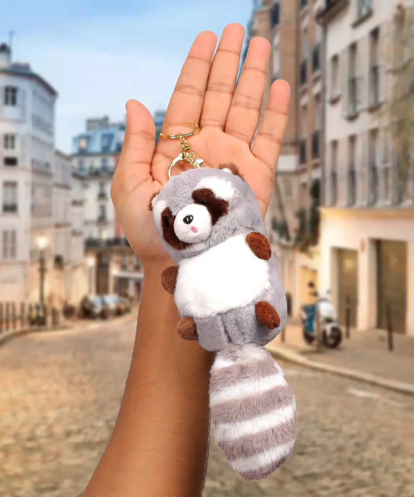 Kawaii Raccoon/Silver Panda Plush Keychain with Striped Tail | Cute Fuzzy Animal Keyring | Clip-On Bag Charm Gift