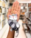 Sassy Silver Cat Plush Keyring with Green Eyes | Adorable Feline Backpack Charm for Kitty Lovers