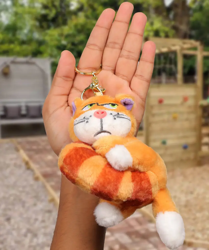 Sassy Orange/Brown Cat Plush Keyring with Green Eyes | Adorable Feline Backpack Charm for Kitty Lovers