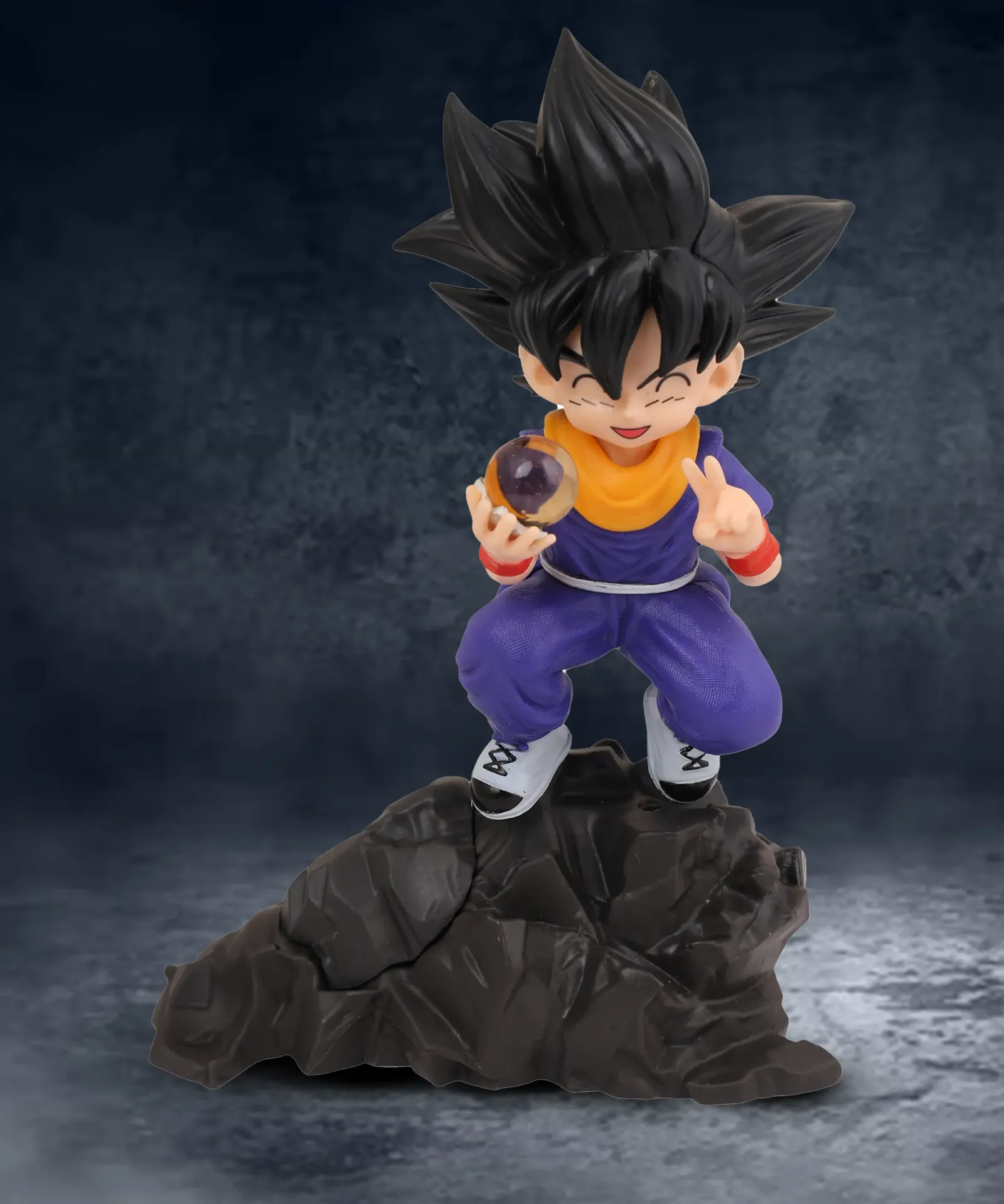 [Purple Goku On Stone Action Figure] Dragon Ball Z Kid Goku Action Figure on Rock Base | Young Saiyan Collectible Figurine with Dragon Ball Sphere