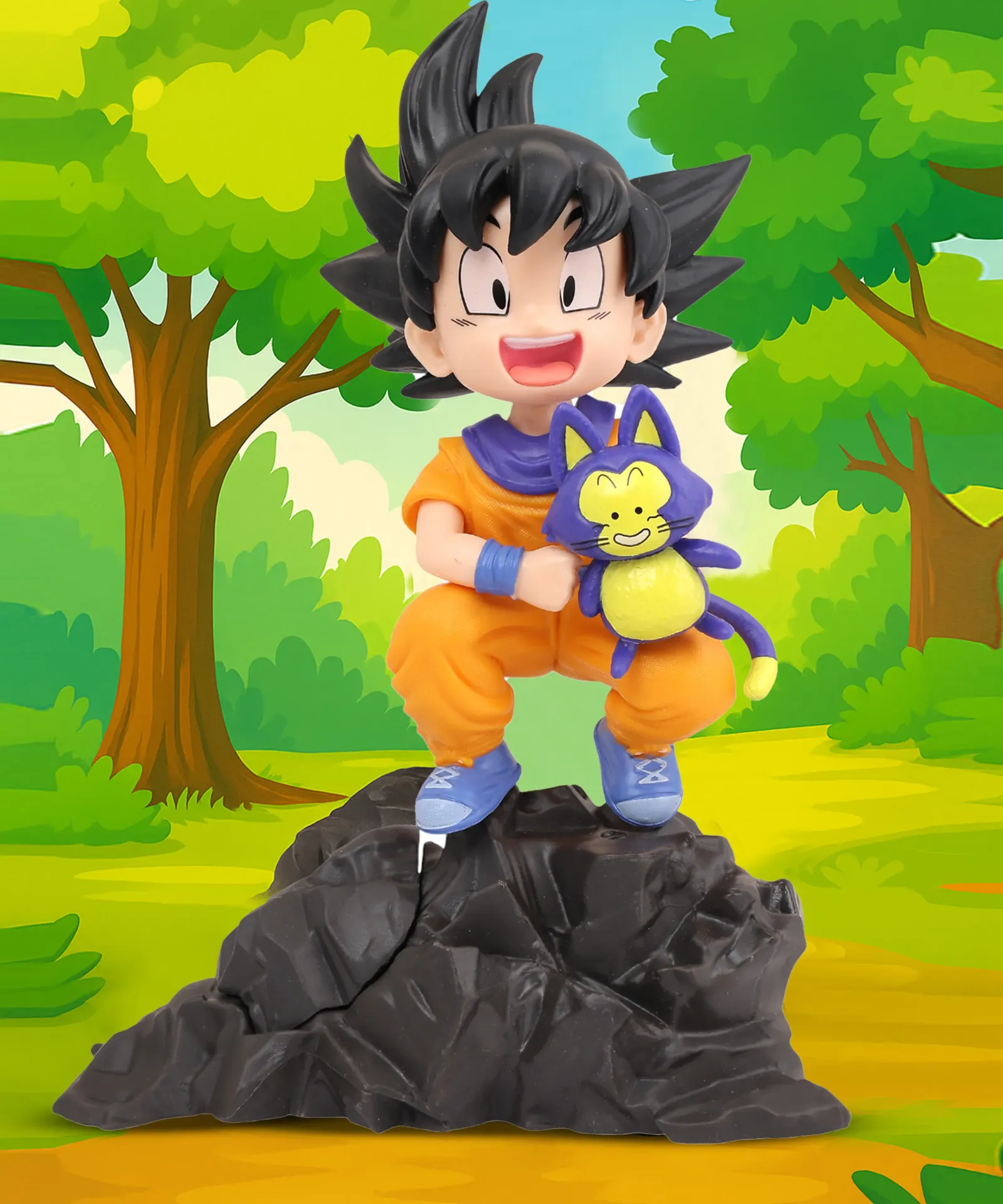[Goku With Bunny Action Figure] Dragon Ball Z Kid Goku & Puar Figure on Rock Base | Young Saiyan Anime Collectible Statue | DBZ Fan Gift