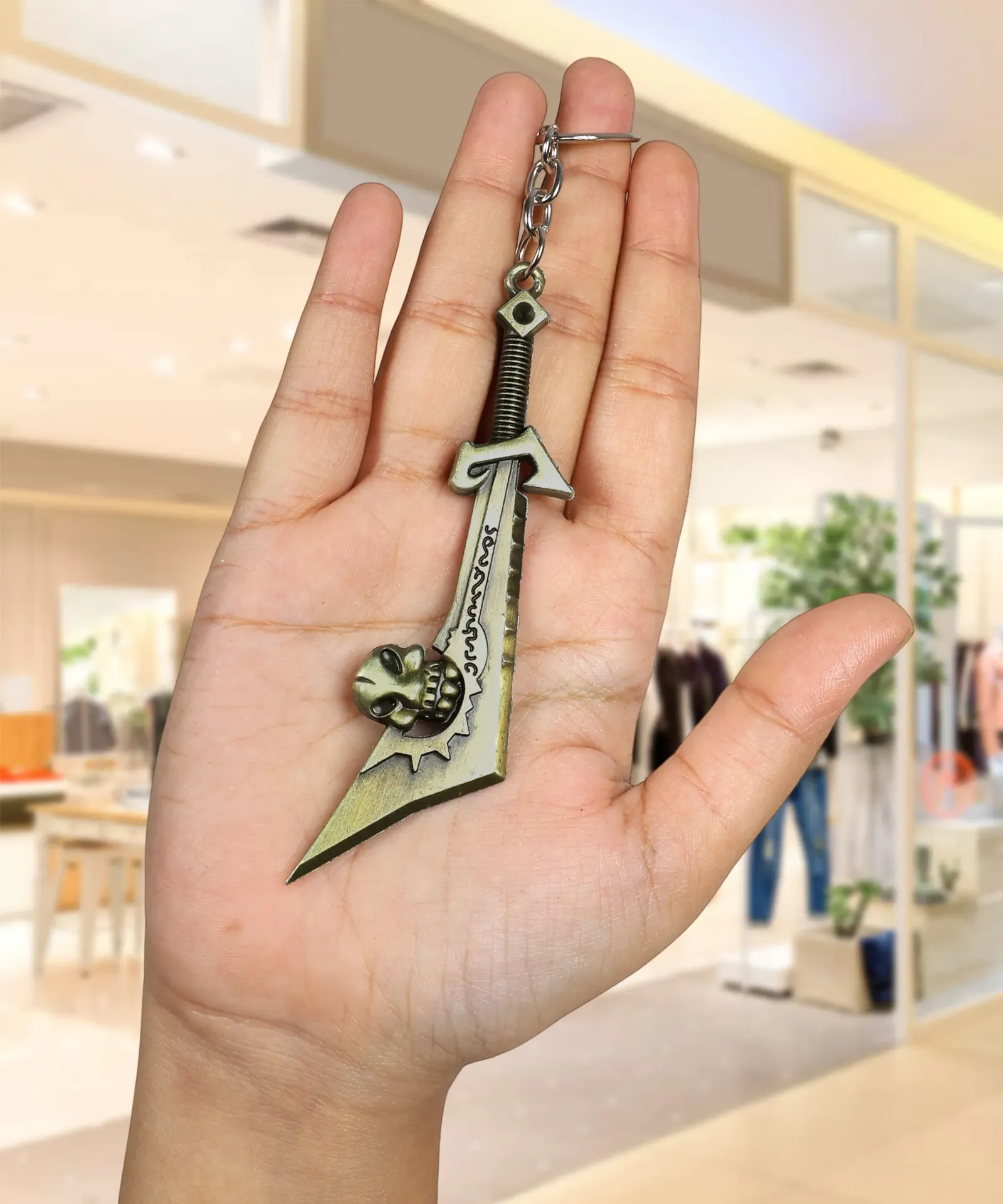 Antique Bronze Skull Sword Keychain | Fantasy Game Weapon Keyring | Metal Collectible Accessory for RPG Fans