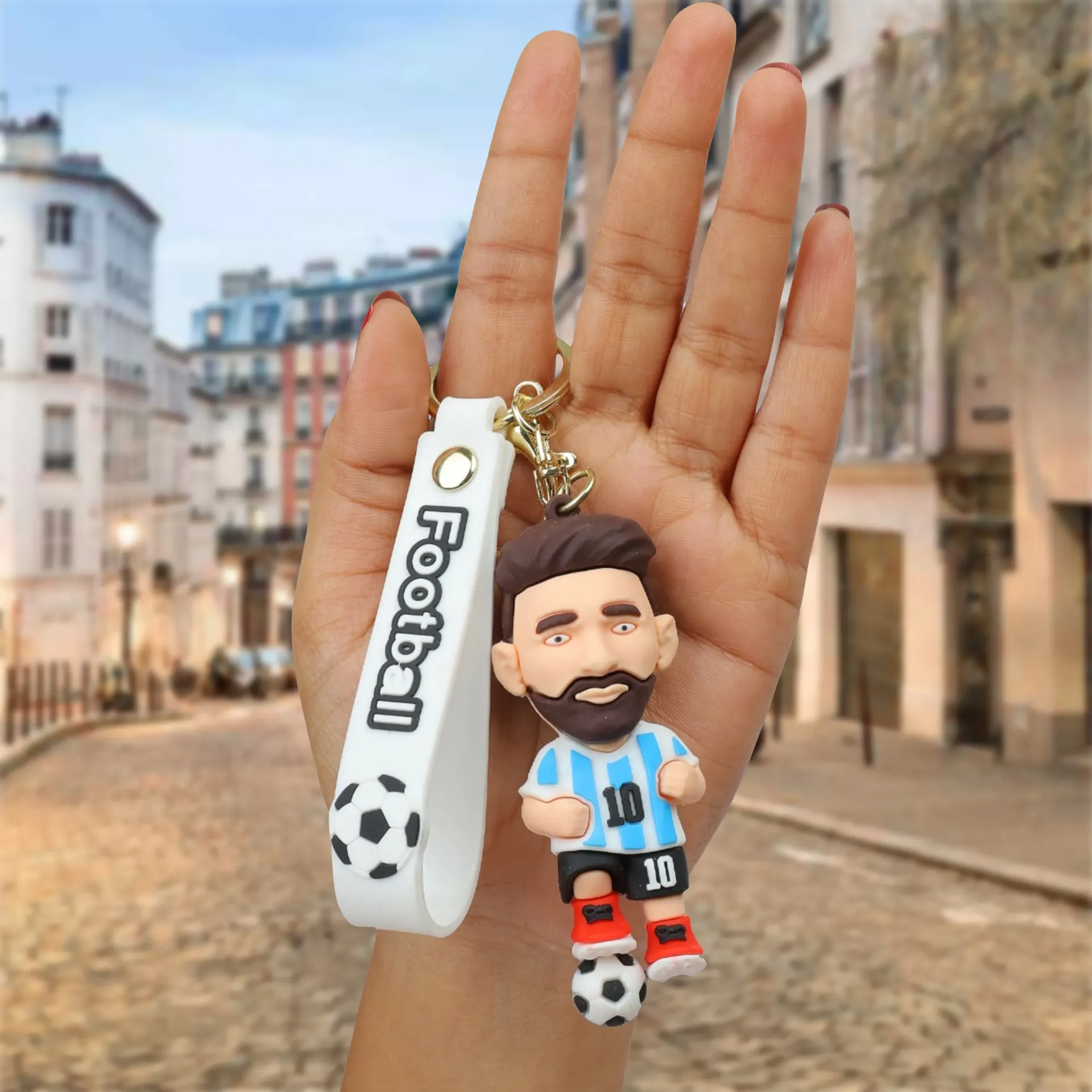 Lionel Messi With Ball Argentina Jersey 3D Football Keychain White Blue Jersey