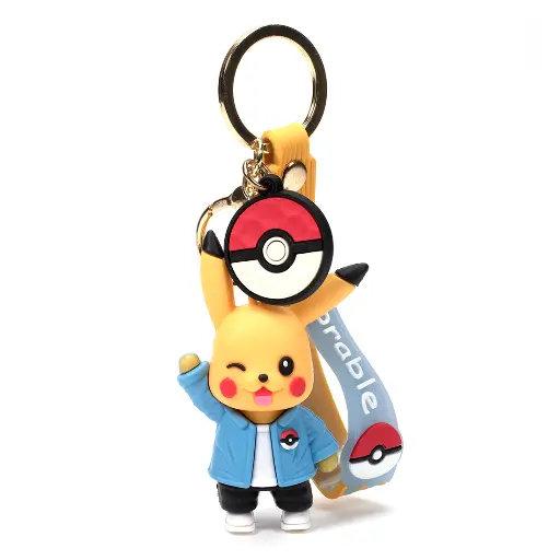 Pikachu Blue Jacket Keychain | Wink Figure & Poké Ball Key Ring | Pokémon Logo Strap