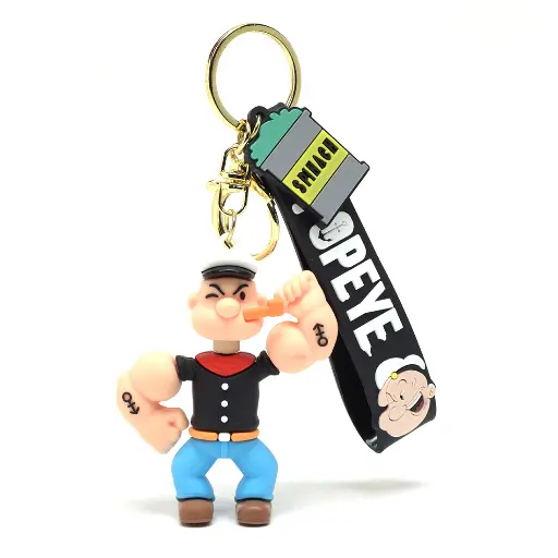 Vintage Popeye Figure Keychain | Strong Sailor Man with Anchor Tattoo & Black Wrist Strap | Nostalgic Cartoon Key Holder