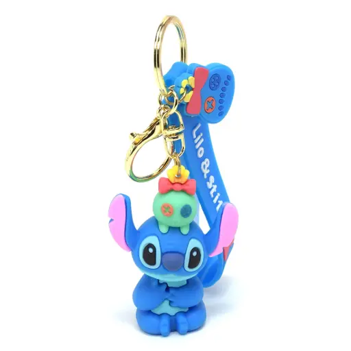 Adorable Stitch Figure with Scrump Doll on Head | Lilo & Stitch Logo Strap with Bow Charm | Kawaii Disney Collectible