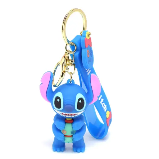 Curious Stitch Figure Keychain with Toy/Object | Disney Lilo & Stitch Accessory with Blue Logo Strap Key Ring