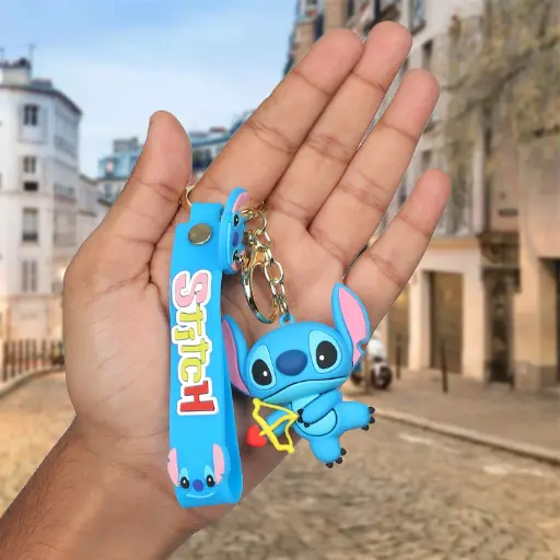 Stitch Cupid Keychain - Lilo & Stitch Figure with Bow & Arrow | Valentine's Day Accessory on Blue Logo Strap