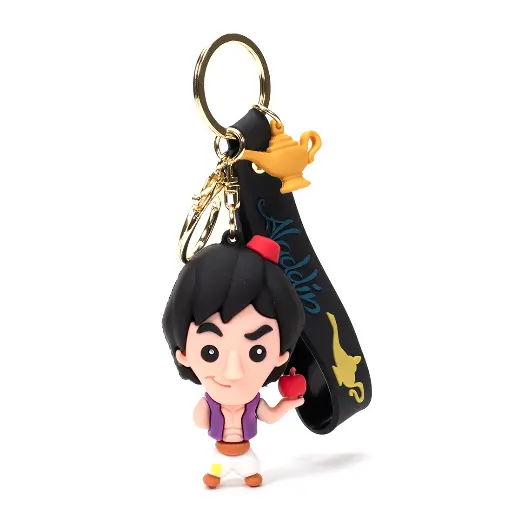 Aladdin Figure Keychain with Magic Lamp Charm | Disney Classic Movie Accessory on Black Logo Strap | Arabian Nights Key Ring