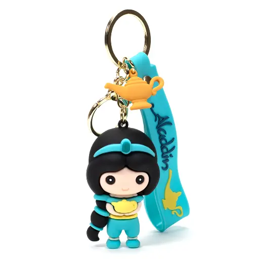Princess Jasmine Figure Keychain with Magic Lamp Charm | Disney Aladdin Accessory on Teal Logo Strap | Arabian Nights Key Ring