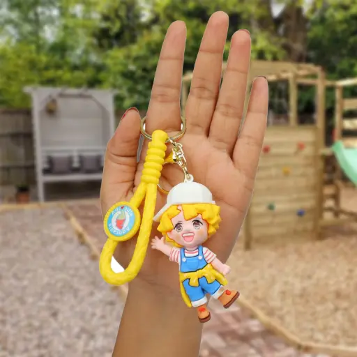 Zenistu Demon Slayer Adorable Boy Figure Keychain in Overalls & Cap | Yellow Braided Wrist Strap Accessory | Cute Anime Style Key Ring